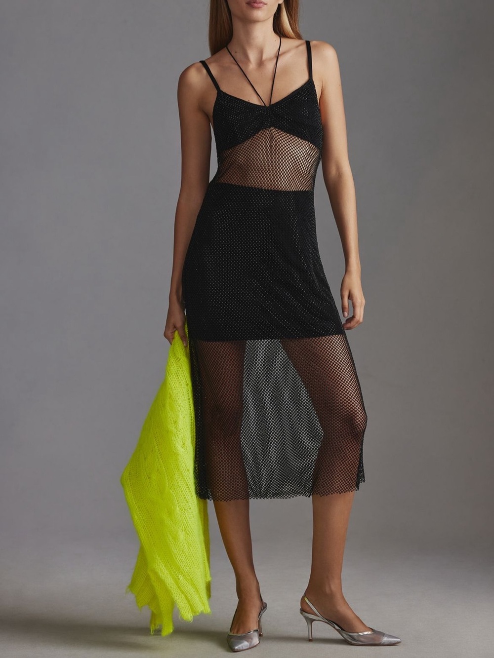 Anthropologie NwT Caballero Black Mesh Slip Dress with built in layer - Picture 2 of 11